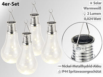 Solar LED Birnen: Lunartec 4er-Set Solar-LED-Lampen in Glühbirnen-Form, 3 warmweiße LEDs, 2 Lumen