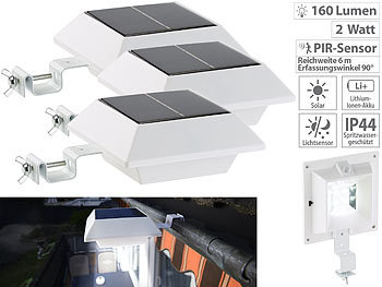 Dachrinnen Solarleuchten: Lunartec Solar-LED-Dachrinnenleuchte, 160 lm, 2 W, PIR-Sensor, weiß, 3er-Set