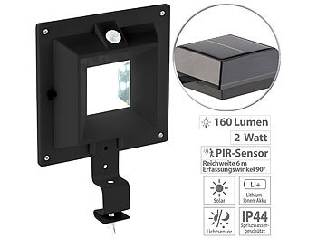 Dachrinnenbeleuchtung: Lunartec Solar-LED-Dachrinnenleuchte mit PIR-Sensor, 160 lm, 2 W, IP44, schwarz