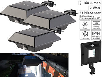 Dachrinnen Solar Leuchte mit Bewegungsmelder: Lunartec Solar-LED-Dachrinnenleuchte, 160 lm, 2 W, PIR-Sensor, schwarz, 3er-Set