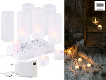 Teelichter aufladbar: Lunartec 6 Akku-LED-Teelichter, flackernde Flamme, Acrylgläser, Ladestation