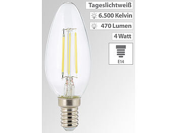E14 LED-Kerzen kaltweiß: Luminea LED-Filament-Kerze, B35, E14, 470 lm, 4 W, 360°, 6.500 K