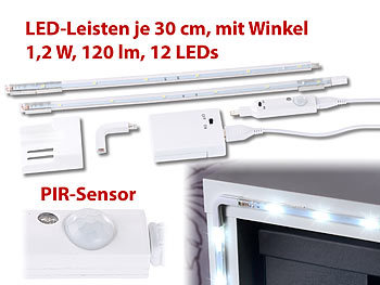 Lunartec 2er-Set LED-Leisten mit Winkel-Verbindung, PIR-Sensor, 120 lm, 12 LEDs