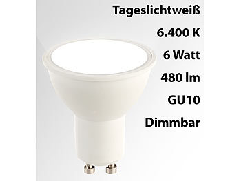 Luminea LED-Spot GU10, 6 Watt, 480 Lumen, A+, tageslichtweiß 6.400 K, 10er-Set