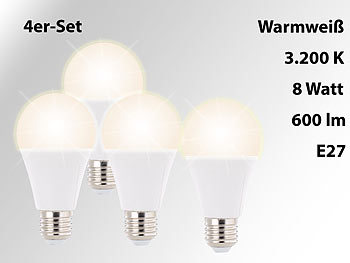 Luminea LED-Lampe, E27, 8 Watt, 600 Lumen, 270°, warmweiß, 4er-Set