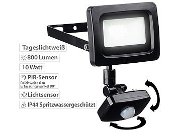 Sparsamer LED-Strahler: Luminea Mini-LED-Fluter, PIR-Sensor, 10 Watt, 800 lm, tageslichtweiß, IP44