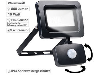 Leuchte Bewegungsmelder: Luminea Mini-LED-Fluter, PIR-Bewegungssensor, 10 Watt, 800 lm, warmweiß, IP44