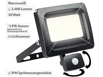 LED Aussenstrahler: Luminea LED-Fluter mit PIR-Sensor, 30 Watt, 2.400 Lumen, warmweiß, IP44
