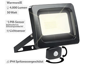 LED außen Fluter: Luminea LED-Fluter mit PIR-Sensor, 50 Watt, 4.000 Lumen, warmweiß, IP44