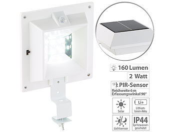 Dachrinnen Beleuchtung: Lunartec Solar-LED-Dachrinnenleuchte mit PIR-Sensor, 160 lm, 2 Watt, IP44, weiß