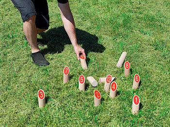 Playtastic Wikinger-Kegel-Spiel aus Massivholz, für draußen, mit Transporttasche