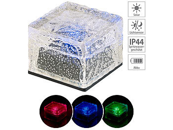 LED Pflaster-Stein: Lunartec Solar-RGB-LED-Glasbaustein mit Dämmerungsssensor, 7 x 5,4 x 7 cm, IP44