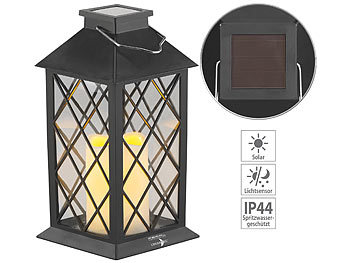 Gartenlampen: Lunartec Solar-Laterne mit Deko-Kerze und Flammen-Effekt-LED, Dämmerungs-Sensor