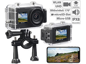 Action Cam 4K: Somikon UHD-Action-Cam mit 2 Displays, WLAN und Sony-Bildsensor, IPX8