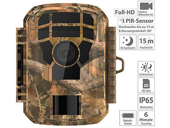 Fotofalle Wildkamera: VisorTech Full-HD-Wildkamera, PIR-Bewegungssensor, Nachtsicht, Farbdisplay, IP65