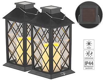 Laterne Solar-Lampe: Lunartec Solar-Laterne mit Deko-Kerze und Flammen-Effekt-LED, 2er-Set