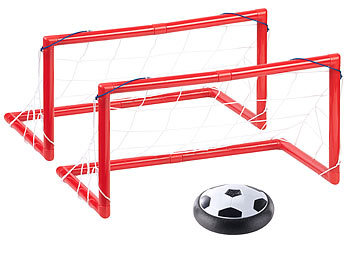 Schwebeball: Playtastic Luftkissen-Indoor-Fußball, LEDs, Möbelschutz, 2 Tore, Batteriebetrieb