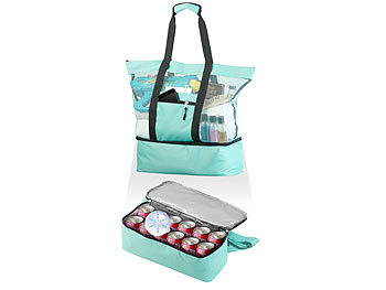 Badetasche: PEARL Leichte 2in1-Strand-Netztasche mit Kühlfach und Seitenfach, hellblau