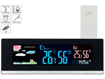 Funktischuhr: infactory Tisch-Wetterstation, Funk-Außensensor, Farb-LCD-Display, USB-Ladeport