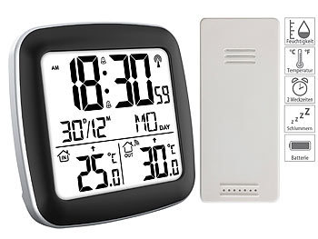 innen Außenthermometer: infactory Digitaler Funkwecker mit Dual-Alarm, Thermometer, Außensensor, Datum