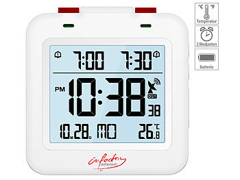 Reisewecker: infactory Digitaler Reise-Funkwecker mit Thermometer, Datum, Dual-Alarm, weiß