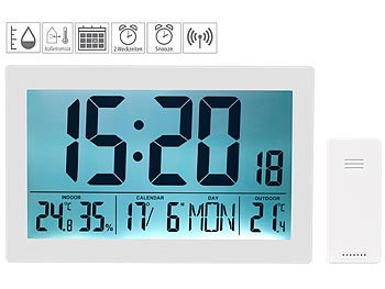 Tischuhr: infactory XL-Funkuhr mit Doppel-Wecker, Thermo-/Hygrometer, Tag und Datum, weiß