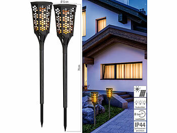 Solar Gartenfackel: Lunartec 2er-Set LED-Solar-Gartenfackeln mit Flammen-Effekt und Akku, 78 cm