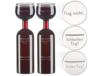 Wein-Flasche: Rosenstein & Söhne 2er-Set 2in1-Weinflaschen & XXL-Gläser, Echtglas, mit Aufdruck, 750 ml