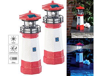 Miniatur Leuchtturm: Lunartec 2er-Set Solar-Deko-Leuchttürme mit LED-Licht & drehendem Reflektor