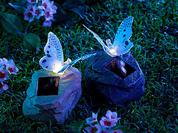 Lunartec Solar-LED-Schmetterling auf grauem Kunststein, 4er-Set