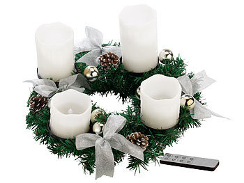 Adventsgesteck: Britesta Adventskranz mit weißen LED-Kerzen, silbern geschmückt