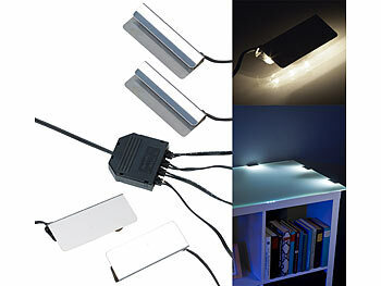Glasregal beleuchtet: Lunartec LED-Glasbodenbeleuchtung, 4 Klammern mit 12 tageslichtweißen LEDs
