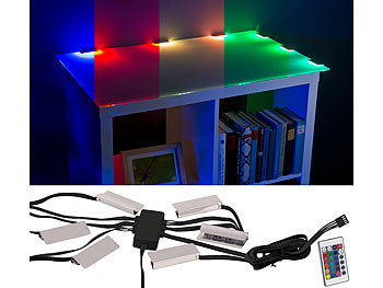 Vitrinenbeleuchtung: Lunartec LED-Glasbodenbeleuchtung mit Fernbedienung: 6 Klammern mit 18 RGB-LEDs