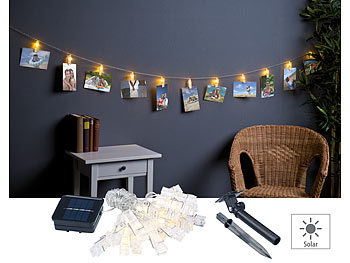 Lichterkette Indoor: Lunartec LED-Foto-Clips-Lichterkette mit 40 Klammern, Solar-betrieben, 10 m