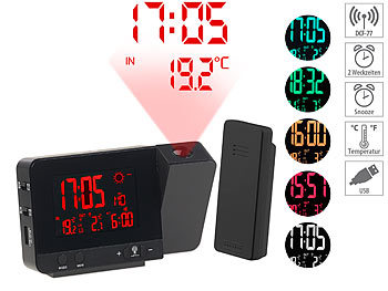 LED Uhr: infactory Funk-Wetterstation mit Projektions-Wecker, Außensensor & USB, schwarz