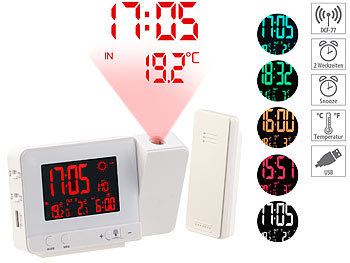 Uhr mit Projektion: infactory Funk-Wetterstation mit Projektions-Wecker, Außensensor und USB, weiß