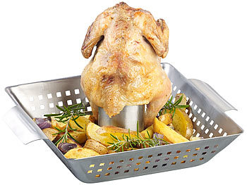 Hähnchengrill: Rosenstein & Söhne BBQ-Hähnchen-Griller mit Aroma-Behälter für ganze Hähnchen