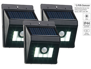 LED Solar Fluter mit Bewegungsmeldern: Lunartec 3er-Set Solar-LED-Wandleuchten mit Bewegungsmelder, Dimm-Funktion