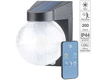 LED-Solar-Wandlampen: Luminea Solar-LED-Wandleuchte im Crackle-Glas-Design, PIR-Sensor, 200 Lumen