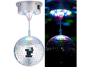 Diskokugel: Lunartec Selbstdrehende Discokugel mit Sockel und 18 farbigen LEDs, Ø 15 cm