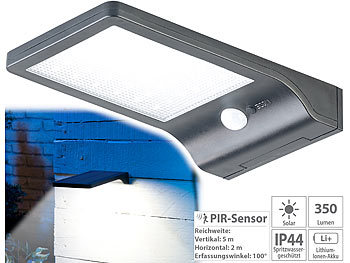 LED Solar Leuchte: Lunartec Solar-LED-Wandleuchte mit PIR-Sensor & Nachtlicht, IP44, 350 Lumen