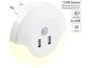 USB Netzteil: Luminea LED-Steckdosen-Nachtlicht mit PIR- und Lichtsensor, 2x USB (10 Watt)