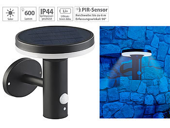 drahtlose Außenbeleuchtung: Lunartec Premium-LED-Solar-Wandleuchte mit PIR-Sensor, Nachtlicht, 600 Lumen