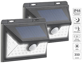 Balkon Solarleuchten: Luminea 2er-Set Solar-LED-Wandleuchten, Bewegungs-Sensor, Akku, 350 lm, 7,2 W