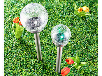 Lunartec Solar-Gartenlichter, multicolour, Crackle-Glas, 35cm, 2er-Set