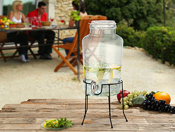 Getraenkespender: PEARL Retro-Getränkespender aus Glas mit Ständer, Zapfhahn, 6,5 Liter