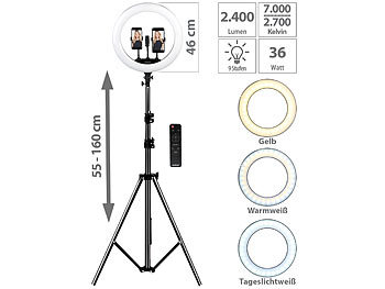 LED Foto: Somikon XL-LED-Ringlicht mit Smartphone-Halter, Ø 46 cm, USB-Port, dimmbar