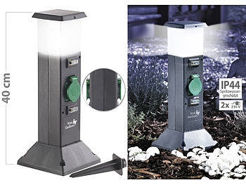 Gartenlampe mit Steckdose: Royal Gardineer 2-fach-Garten-Steckdose mit Beleuchtung, Spritzwasserschutz IP44