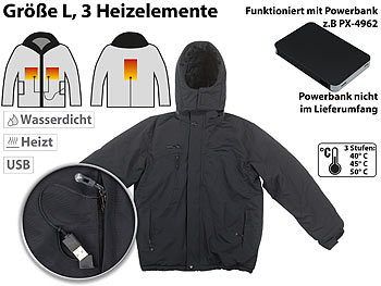 Heizjacke: PEARL urban Beheizbare Outdoor-Jacke mit USB-Anschluss, 3 Heizelemente, Größe L