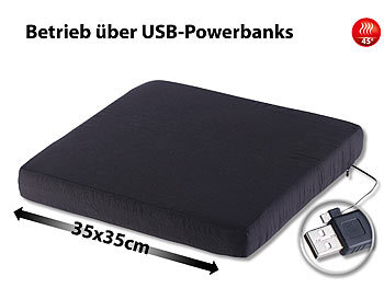 Wärmekissen USB: infactory Beheizbares Sitz- & Rückenkissen, Betrieb über USB-Powerbank, 35x35 cm